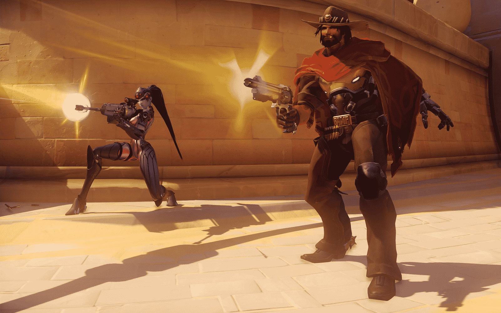 McCree and Widomaker stand with their guns drawn, firing at an enemy offscreen