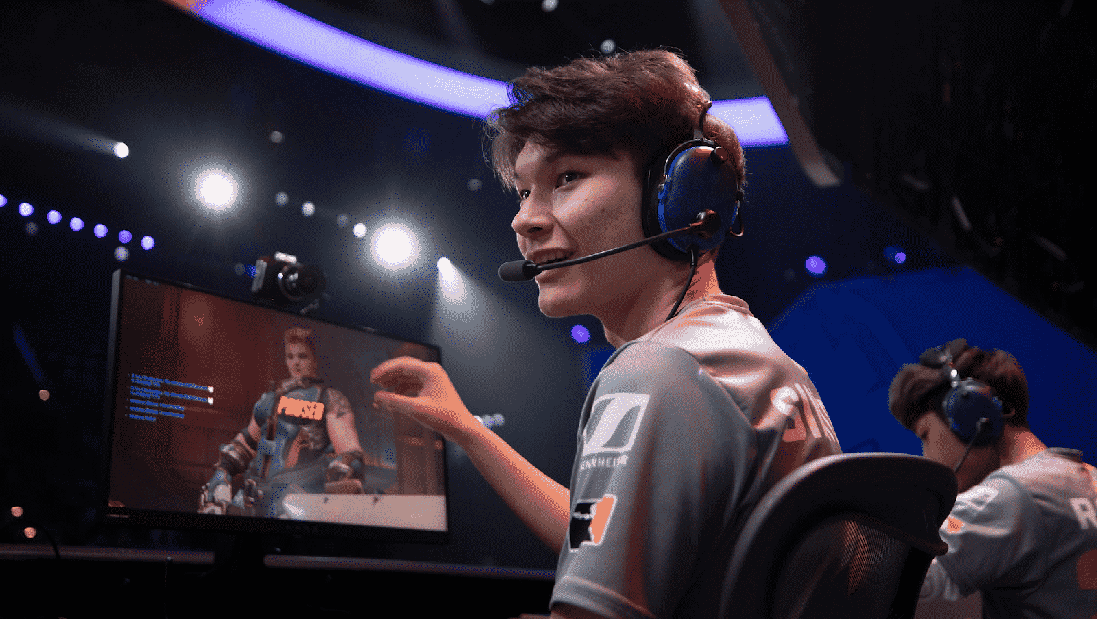 Sinatraa looks over his shoulder at a team mate after securing a kill with Zarya during a game of Overwatch.