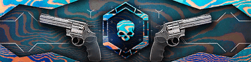 The .357’s Damascus calling card, featuring the two guns flanking a skull icon rendered in blue and orange swirling neons.