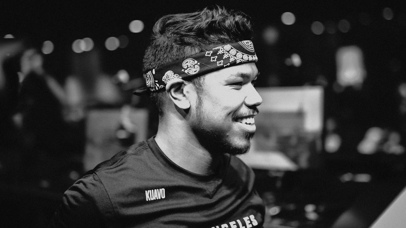 Kuavo of Optic Gaming grins at a team mate off camera at CDL Florida