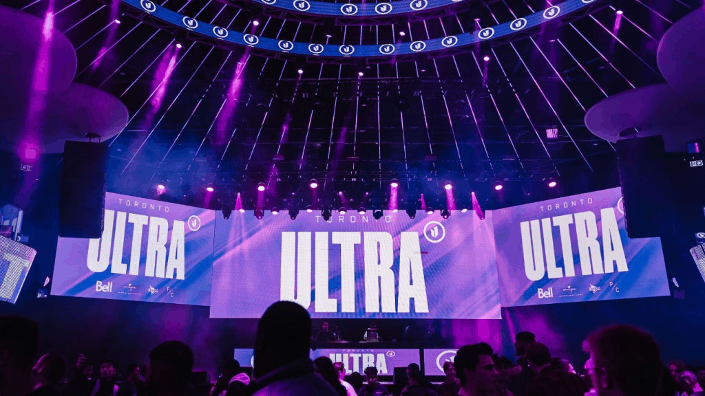 The stage before Toronto Ultra enter the stadium showing their team name and logo on the big screens