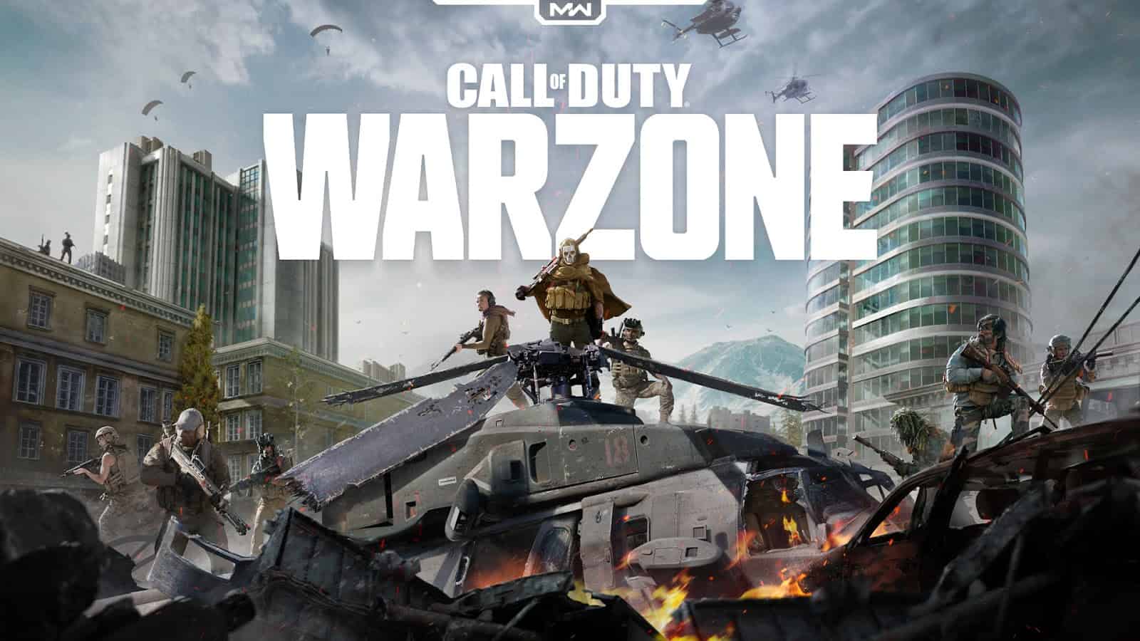 A promotional image for Call of Duty Warzone showing three characters standing on the roof of an armored vehicle with weapons drawn