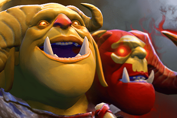 Ogre Magi's Flockheart's Gamble arcana featuring a yellow and red colour scheme for the two-headed ogre