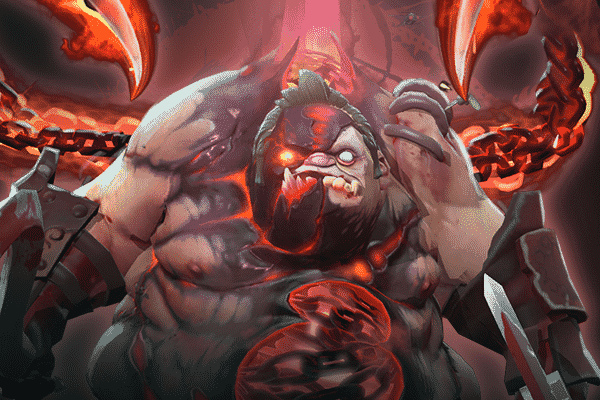 The popular Pudge arcana, The Feast of Abcession, with pudges hooks and eyes wreathed in Hellfire