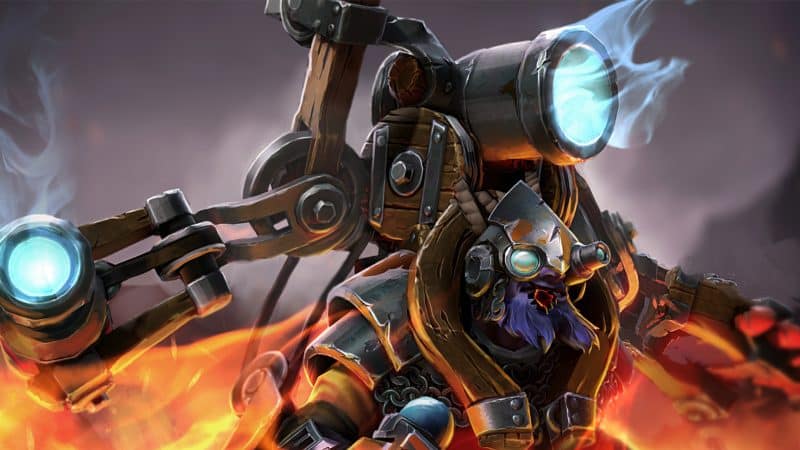 Tinker as he appears in the Fortified Fabricator Loading Screen with his jetpack flying above a fire