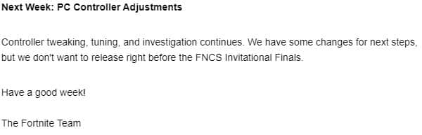 A screenshot of the email from Epic Games explaining the aim assist investigation is continuing