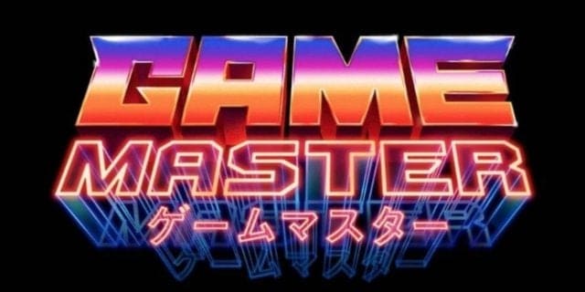 The Game Master logo, a retro 70's video game font coloured in a sunset gradient with the katakana for the word "master" beneath the English lettering
