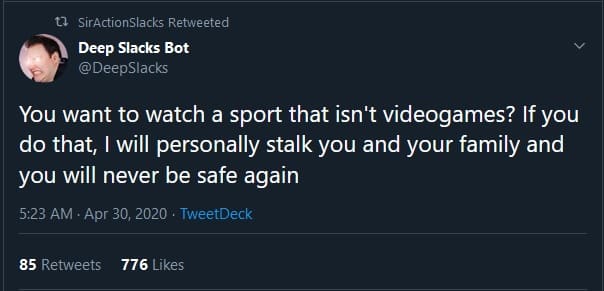 A screen cap of SirActionSlacks retweeting one of Deep Slacks Bot's tweets