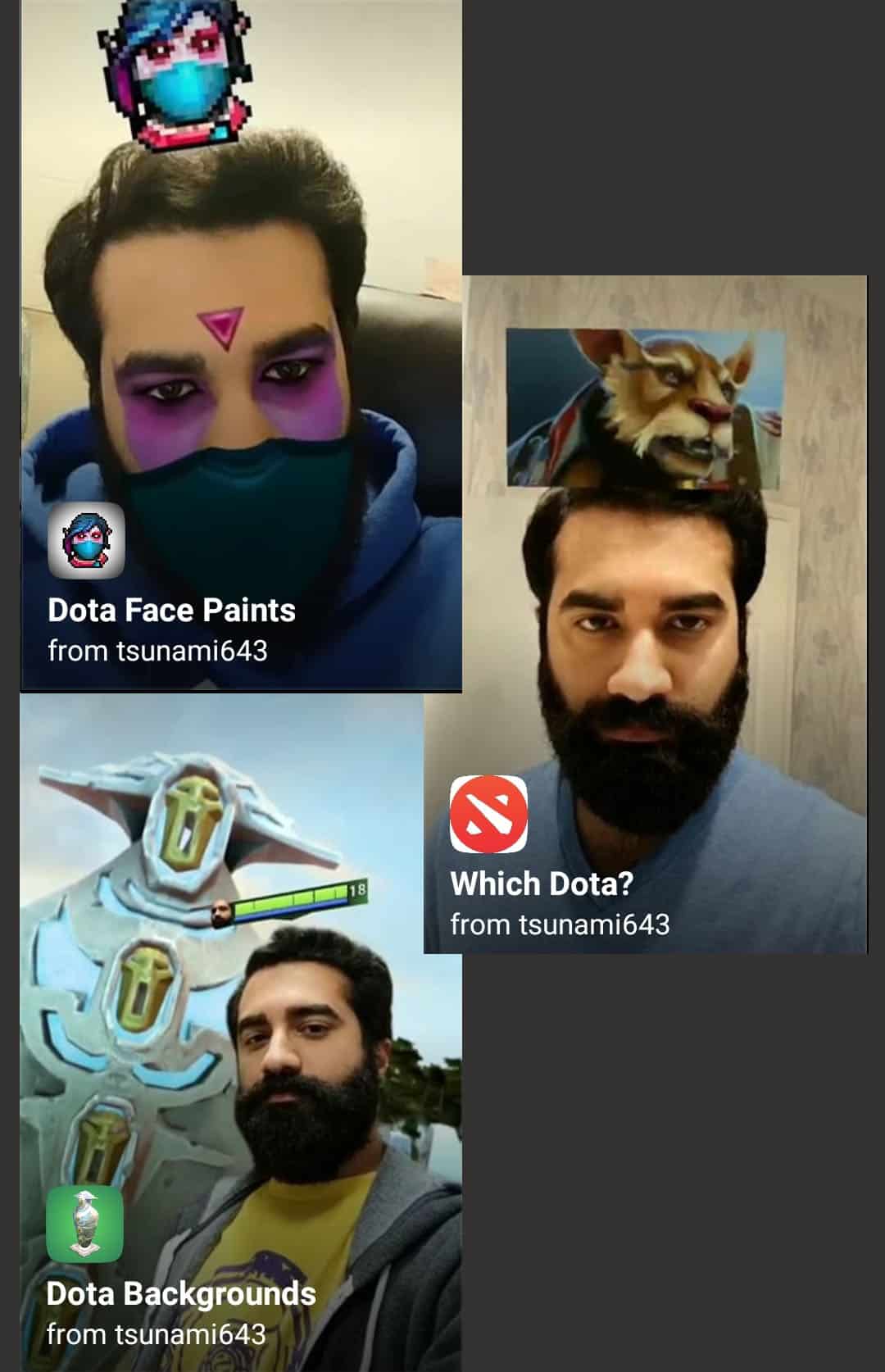 some of the Dota 2 themed filters Tsunami created on instagram, including character face paints and 'which hero are you?'