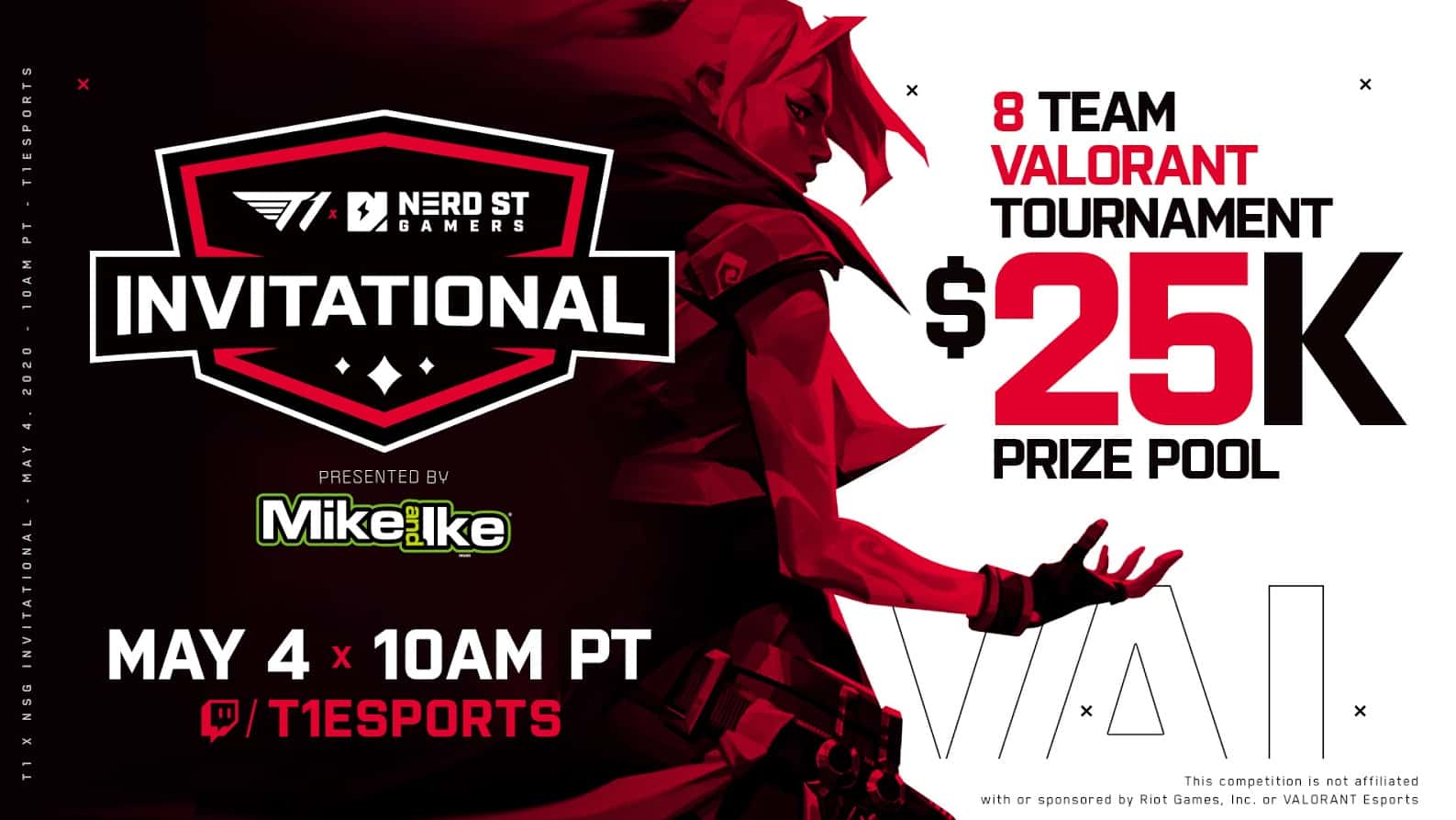 The graphic for the T1 Valorant Invitational, showing a red and black outline of the character Jet, above her outstreched hand the words $25K Prize Pool appear in black and red font.