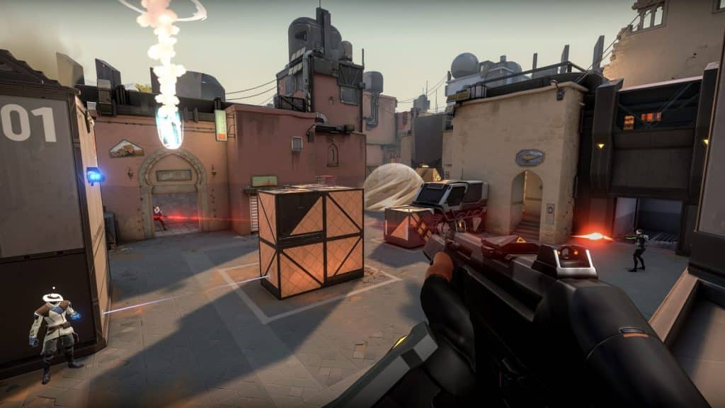 A player's perspective of playing Valorant, armed with a gun overlooking a skirmish