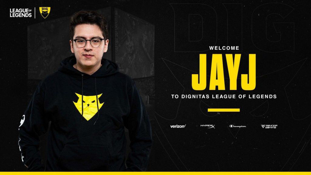 JayJ smirking with the text "Welcome JayJ to Dignitas League of Legends"