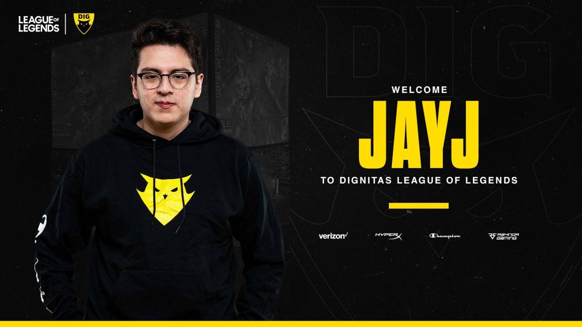 JayJ smirking with the text "Welcome JayJ to Dignitas League of Legends"