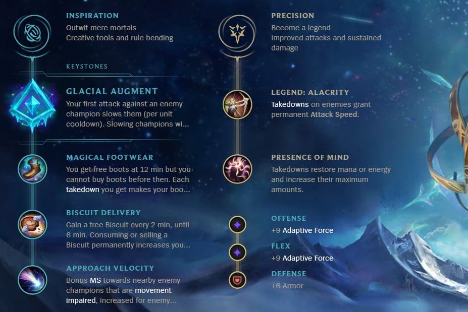 A League of Legends rune page for Senna with Glacial Augment