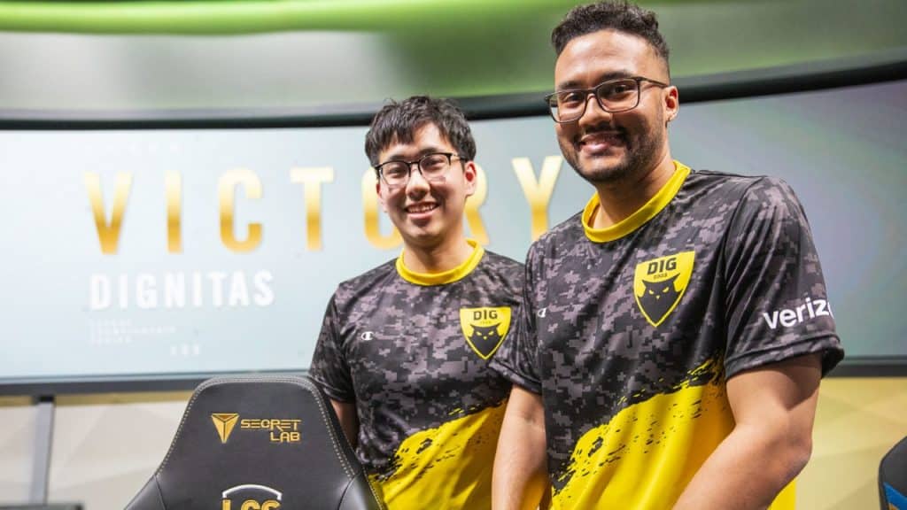 Dignitas players Aphromoo and Johnsun smiling after a LCS win