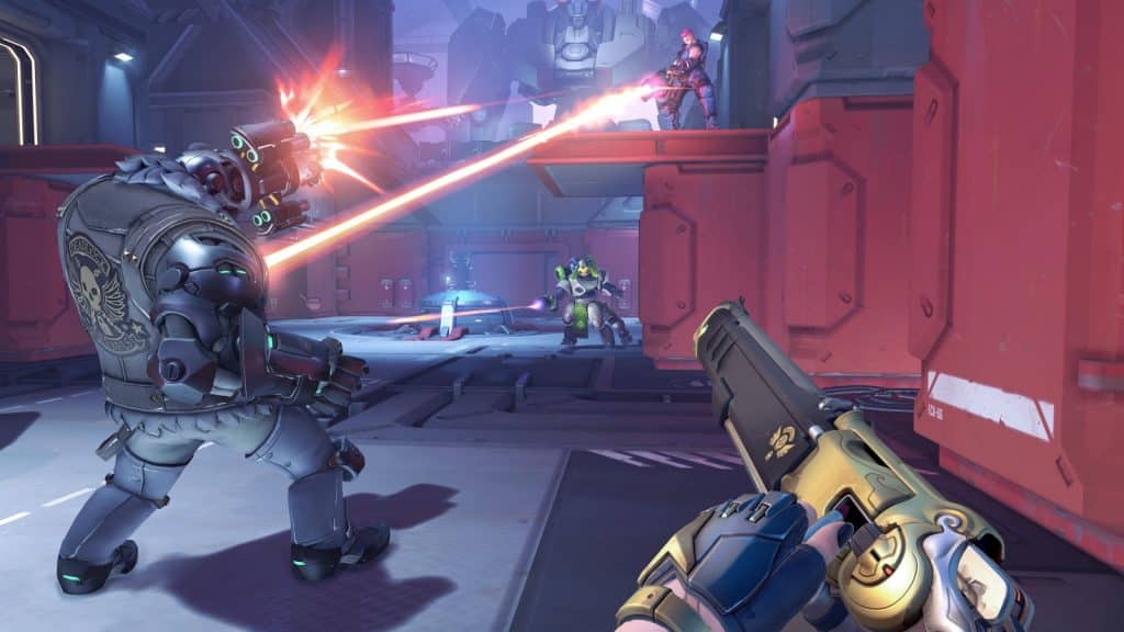 A 1st person POV of Overwatch hero Ashe in a battlefield with her rifle