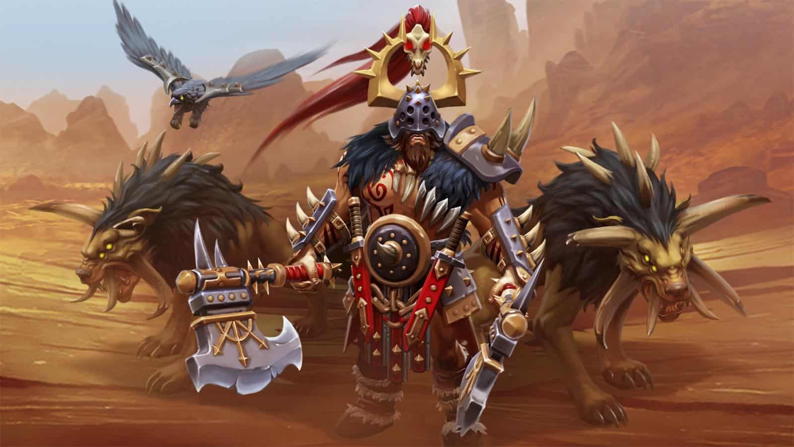 The Dota 2 hero Beastmaster with two creatures in the desert