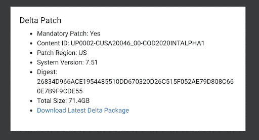 A set of patch notes detailing a Delta Patch for a Call of Duty game