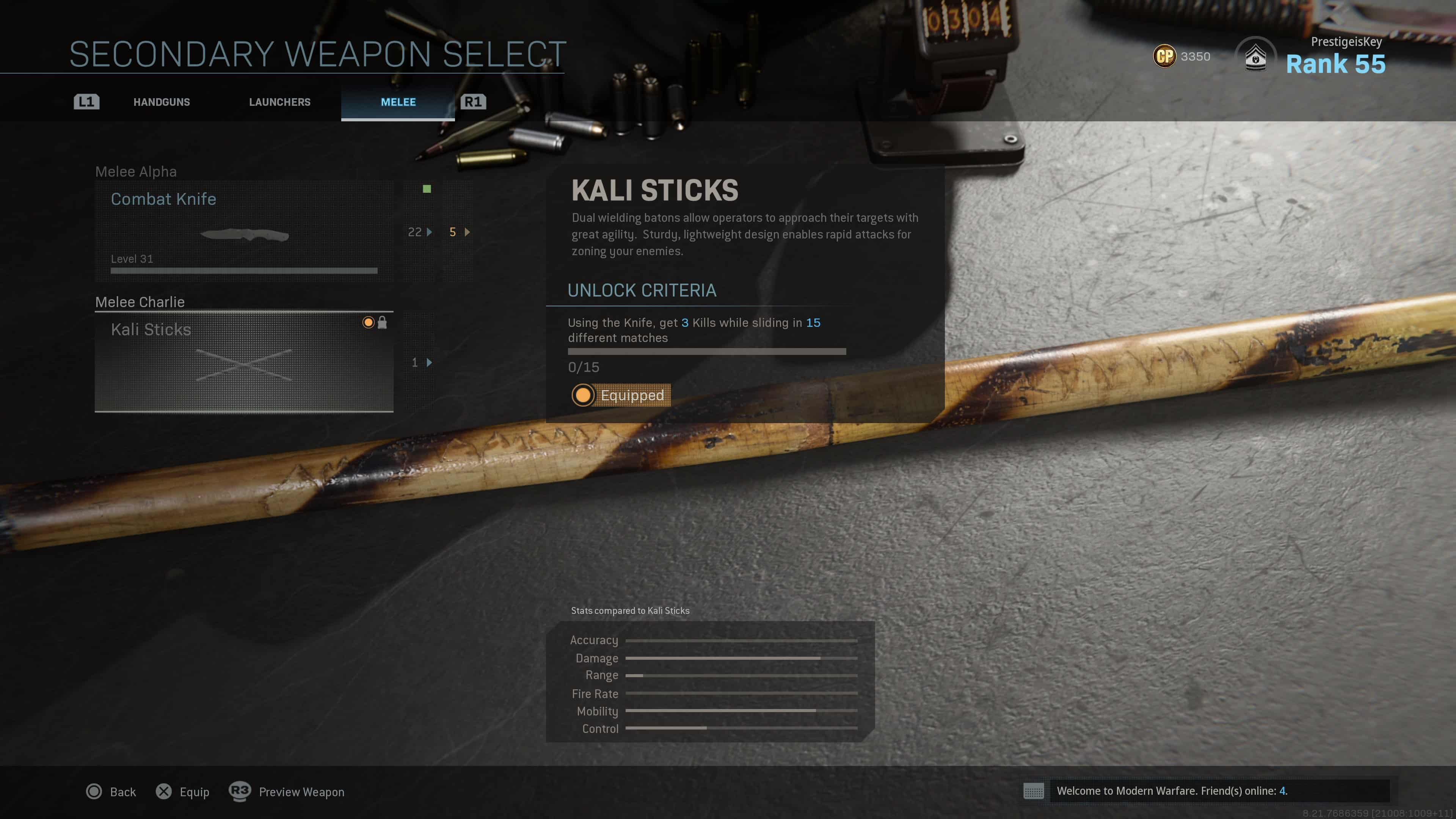 An in game screenshot of the loadout screen in Warzone showing the Kali Sticks equipped as the secondary melee weapon.