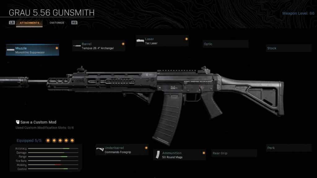 A screenshot from the ingame loadout showing the Grau Assault Rifle
