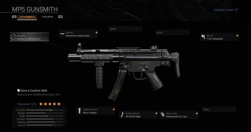 A screenshot of the warzone loadout screen showing the MP5 Gunsmith 
