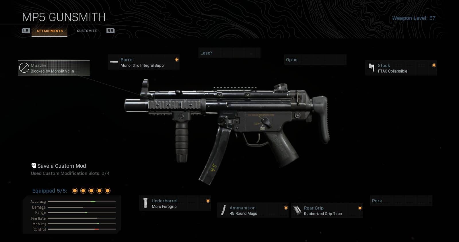 A screenshot of the warzone loadout screen showing the MP5 Gunsmith 