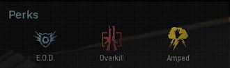 An image from the loadout screen featuring the selected perks and their icons. EOD is a blue shield with a bullet hole, Overkill is red with two rifles back to back, amped is a yellow lightning cloud with a handprint in the middle.