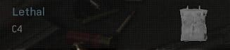 A screen shot from the Warzone loadout screen of the selected perk featuring the words Lethal: C4 alongside an image of a C4 packet
