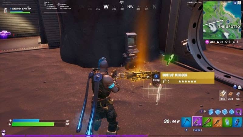A shot of ingame play showing a player using the mythic weapon Brutus' Minigun