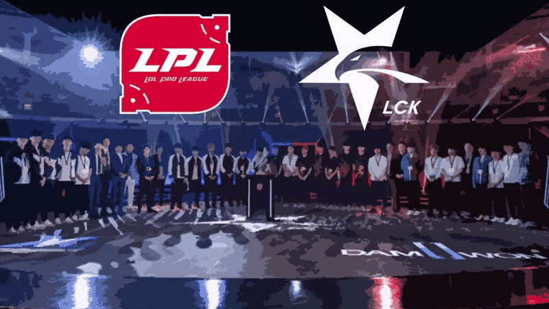 LPL and LCK logos above an arena filled with League of Legends pro players