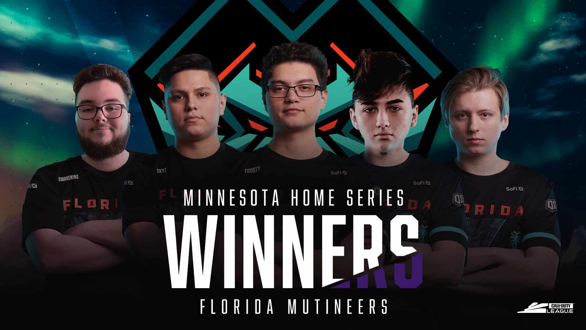 The five Minnesota ROKKR Call of Duty players stand together, winners of the Florida Home Series