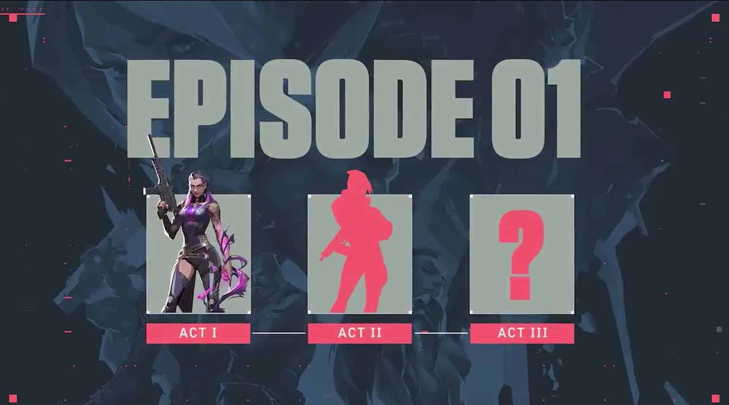 Episode 01 appears in text above three boxes, one with a female Valorant agent, one with a silhouette and one blank
