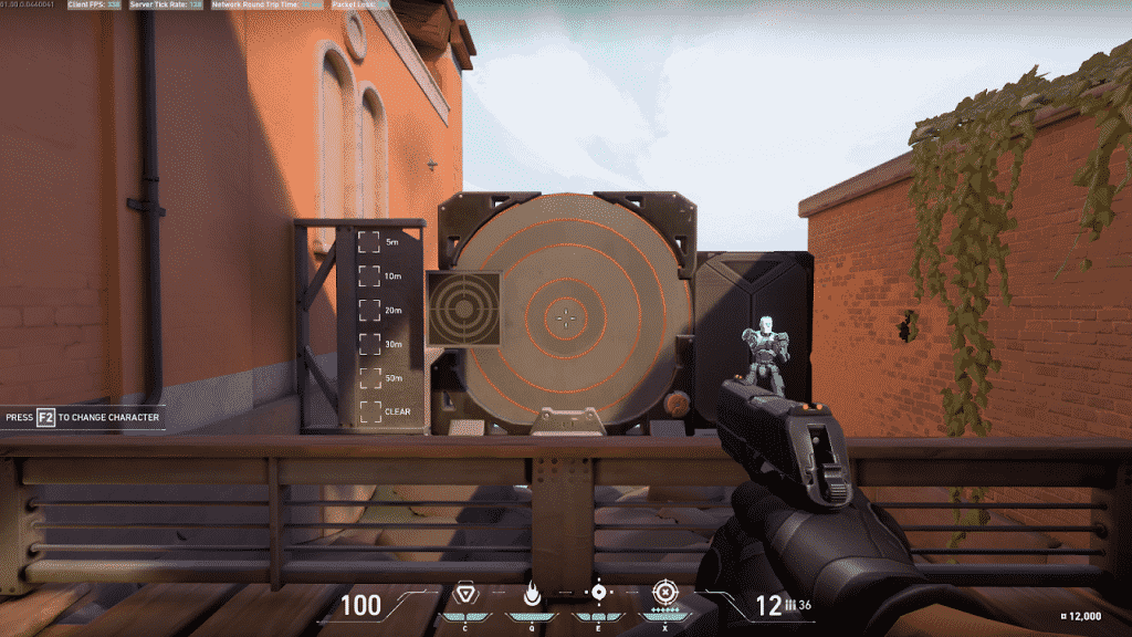 A pistol from Valorant pointed at a target in an alley