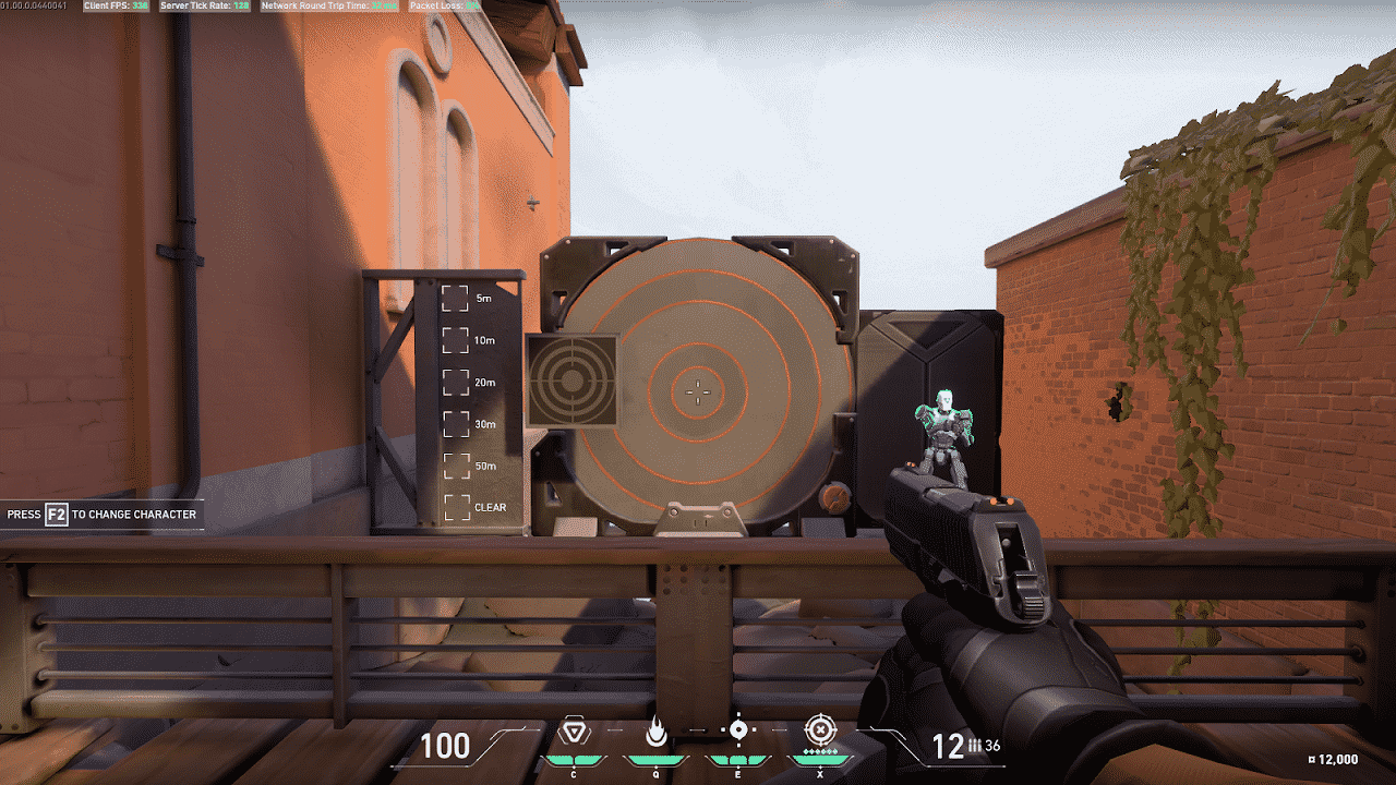 A pistol from Valorant pointed at a target in an alley