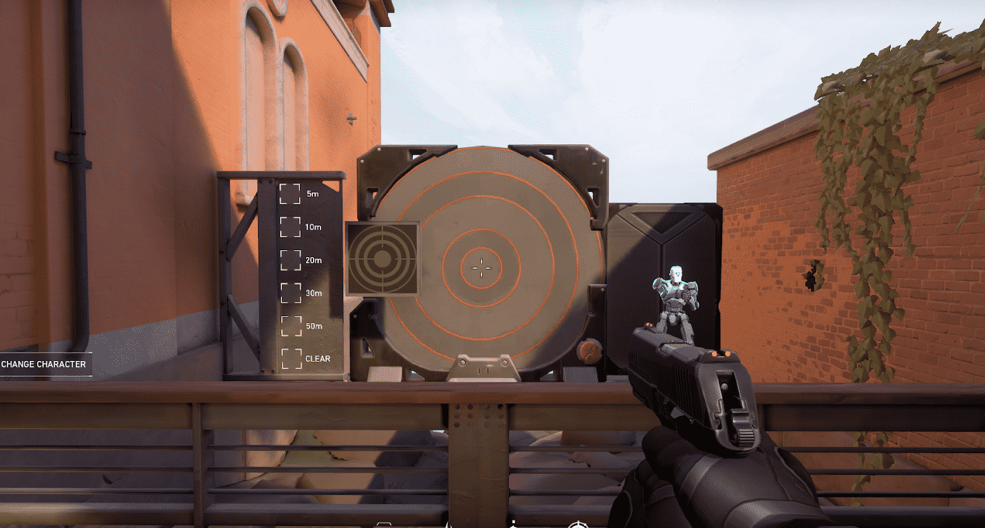 A gun from Valorant pointed at a target in an alley