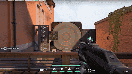 A submachine gun from Valorant pointed at a target in an alley