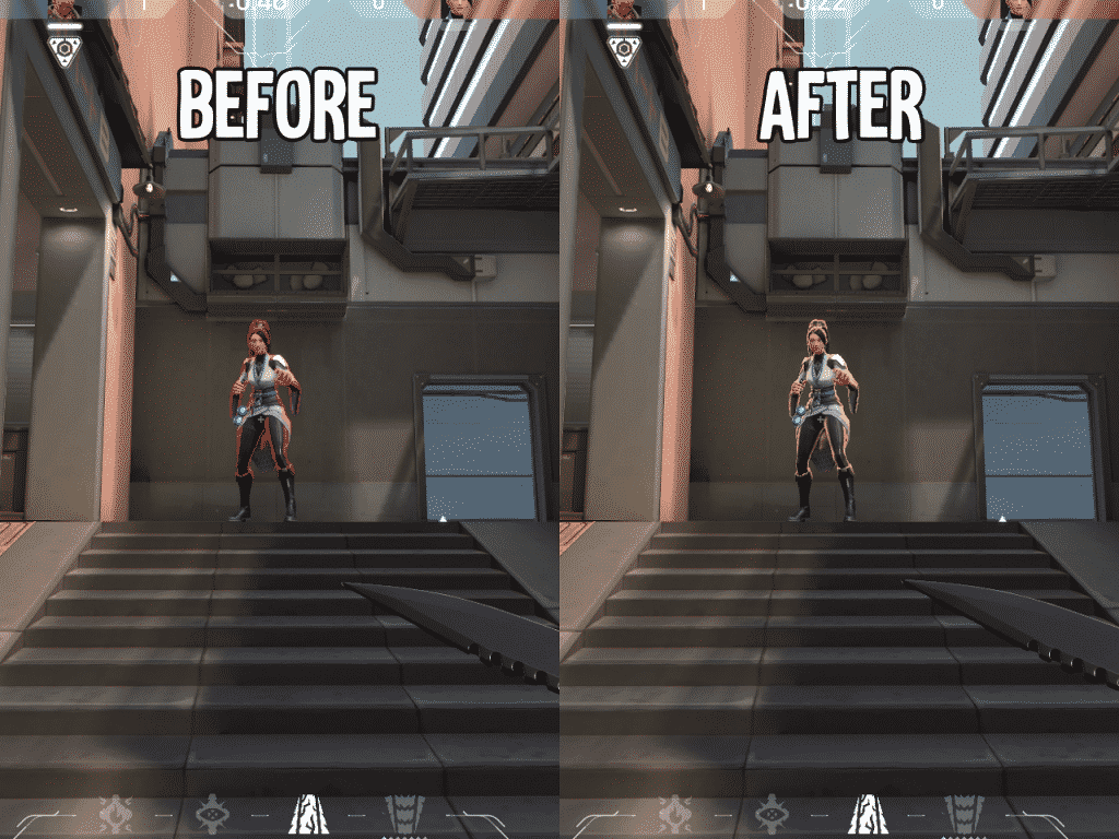 Before and after pictures of a red/yellow highlights on Valorant agent models
