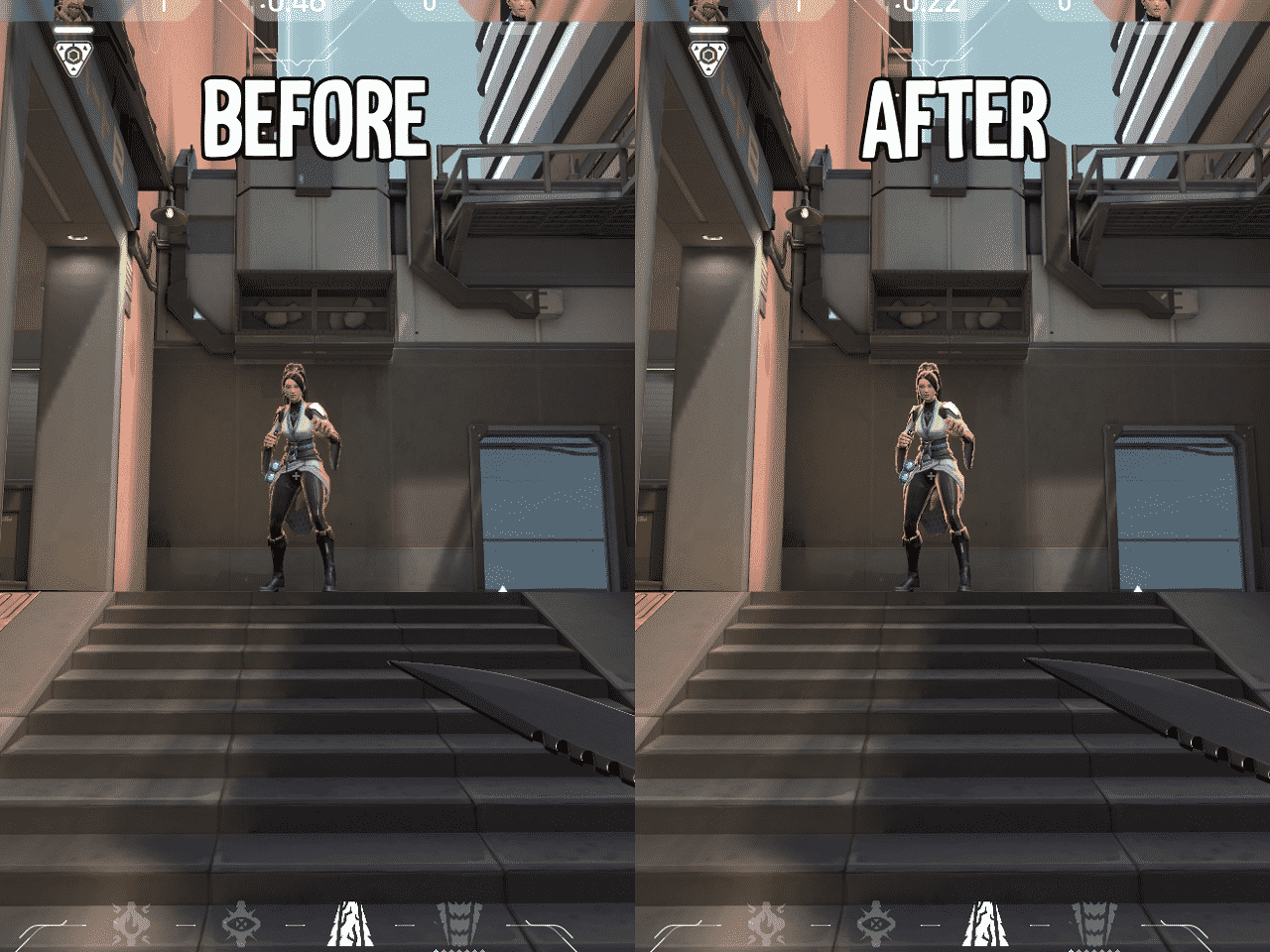 Before and after pictures of a red/yellow highlights on Valorant agent models