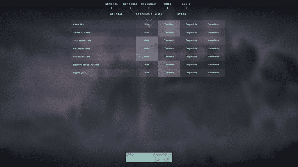 A settings page for stats in Valorant