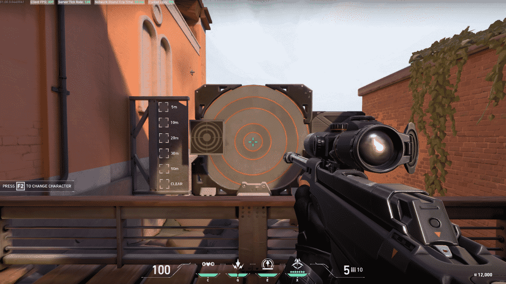 A gun from Valorant pointed at a target in an alley