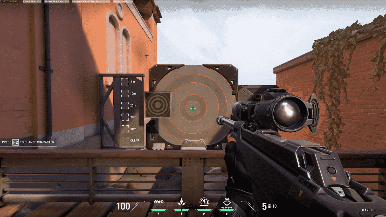 A gun from Valorant pointed at a target in an alley