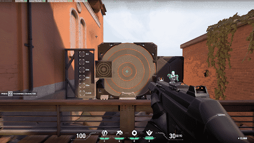 A submachine gun from Valorant pointed at a target in an alley