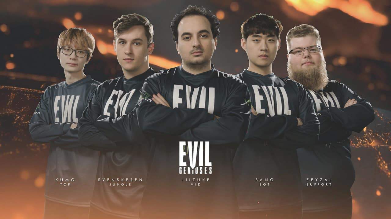 The 2020 Evil Geniuses roster of Kumo, Svenskeren, Jiizuke, Bang and Zeyzal together standing seriously