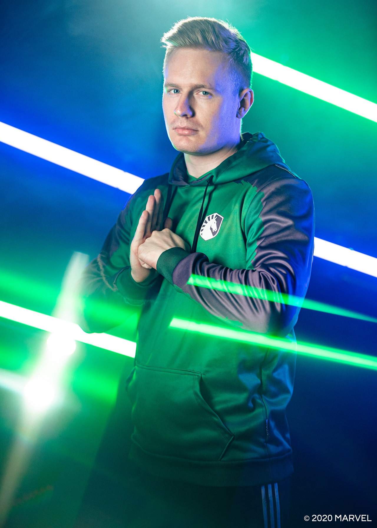 Team Liquid LCS player Broxah wearing a green TL Hulk hoodie