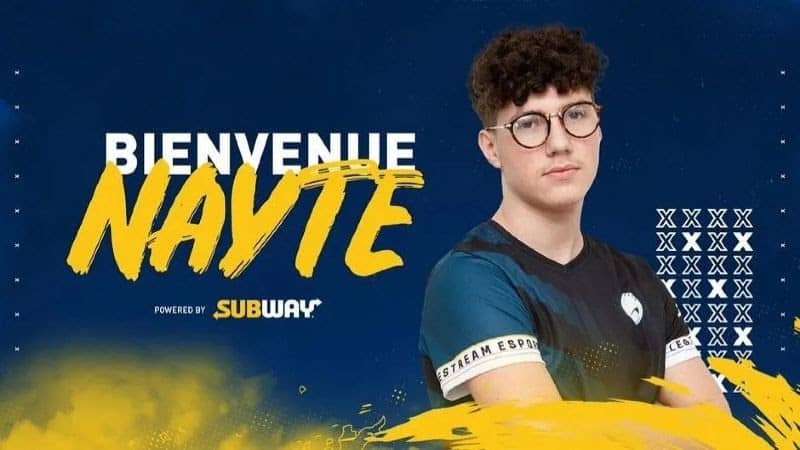 Pro Fortnite player Nayte with the yellow text "Bienvenue Nayte" next to him