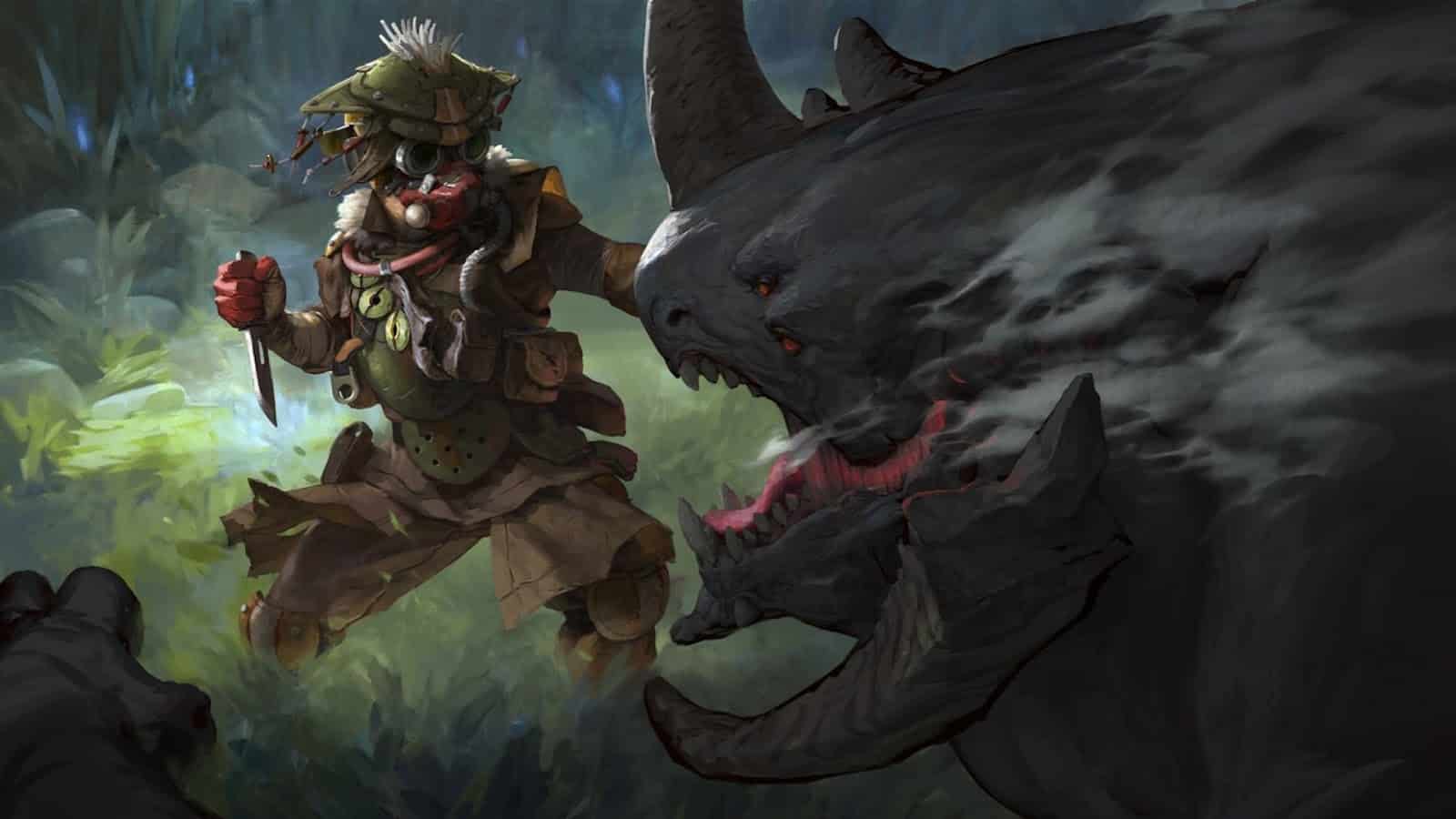 The Apex hero Bloodhound, holds back a dangerous horned beast with one hand. A dagger is clenched in his other fist.