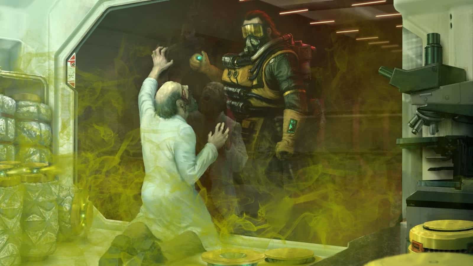 The Apex hero Caustic stands in front of the window of a chamber, slowly filling with toxic green gas. A man in a lab coat pounds helplessly on the glass.