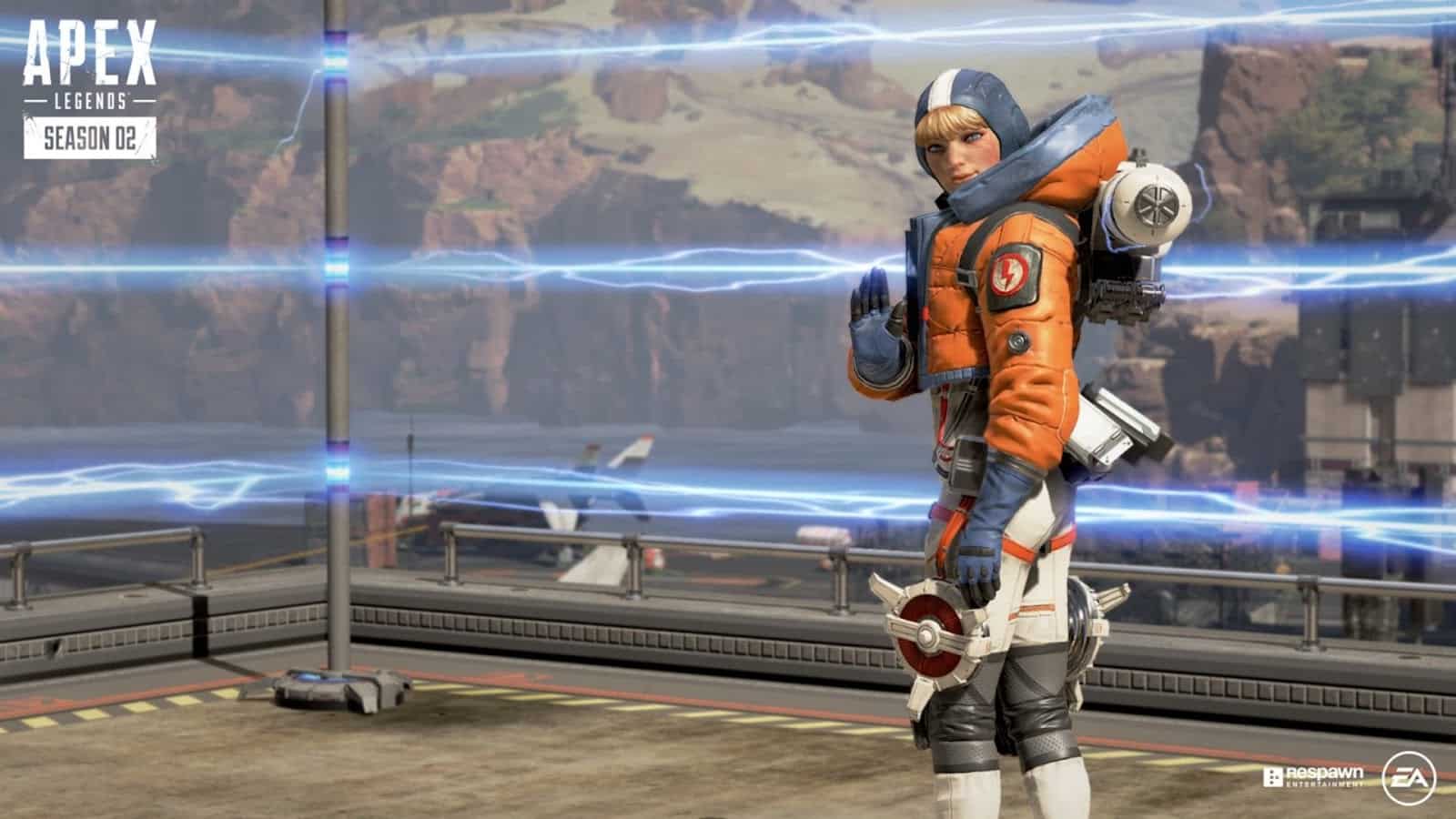 The Apex hero, Wattson stands on the edge of a helipad in her helmet and flying jacket.