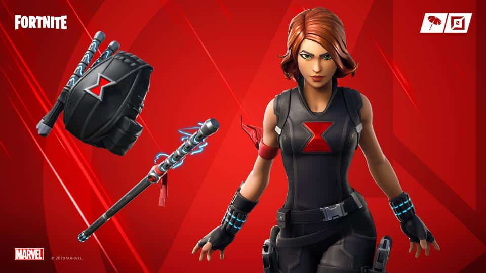 The Black Widow Fortnite skin, featuring her black costume, backpack and baton weapon