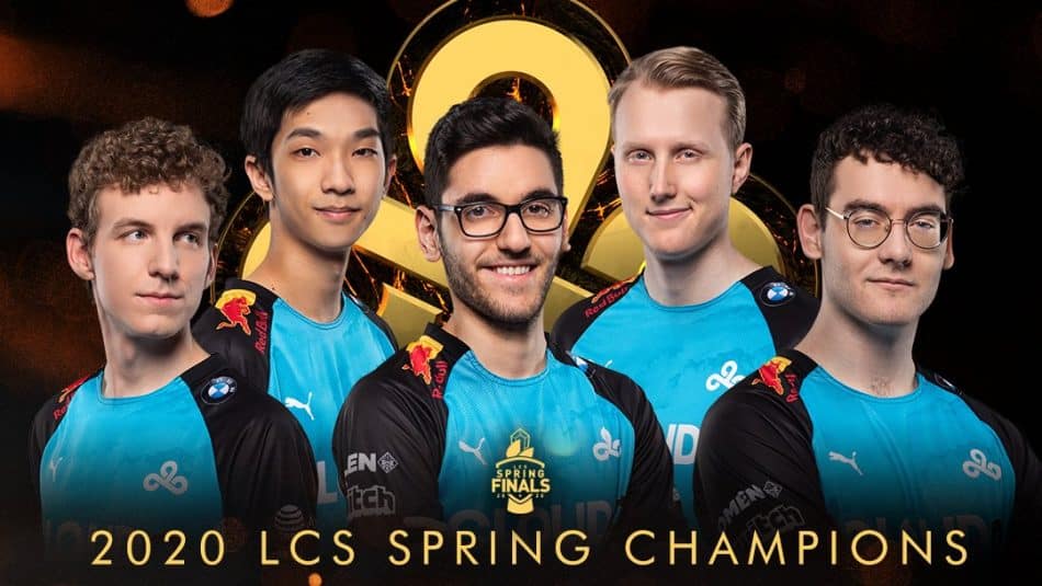 2020 LCS Spring Champions Cloud9 with players Licorice, Blaber, Nisqy, Zven and Vulcan together